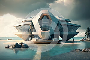 Luxury futuristic villa in sea bay, exterior of modern home on water, generative AI