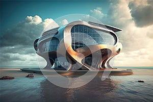 Luxury futuristic villa on sea beach, exterior of modern home on water, generative AI