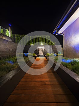 Luxury garden with a fountain at night