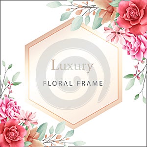 Luxury geometric frame with watercolor flowers border for cards compositon