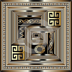 Luxury geometric greek key panel pattern. Square gold 3d meander