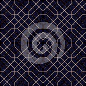 Luxury geometric seamless ornamental background. Grid repeatable golden pattern - elegant blue symmetry design.