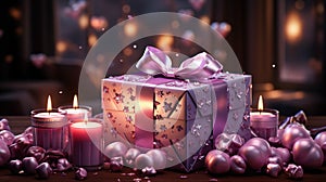 Luxury gift box with romantic candles on the table, festive still life, blurry background