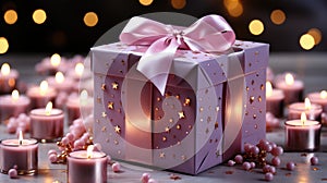 Luxury gift box with romantic candles on the table, festive still life, blurry background
