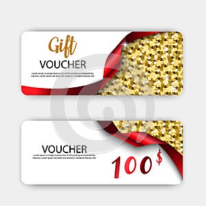 Luxury gift vouchers set. Red and golden color design, on white background.