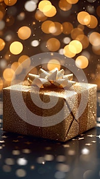 Luxury gifting Gold gift box shining against bokeh backdrop