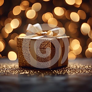 Luxury gifting Gold gift box shining against bokeh backdrop