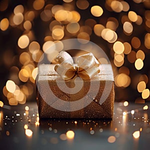 Luxury gifting Gold gift box shining against bokeh backdrop