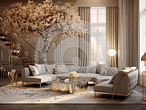 Luxury glamourous interior design of modern living room with golden decor pieces