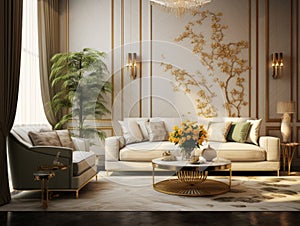 Luxury glamourous interior design of modern living room with golden decor pieces