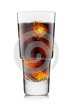 Luxury Glass of cola soft drink with ice cubes and bubbles on white background