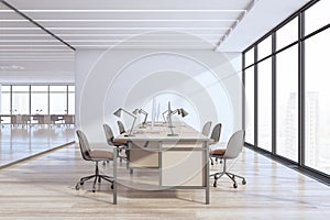 Luxury glass office and meeting room interior with wooden parquet flooring, panoramic windows and furniture. 3D Rendering