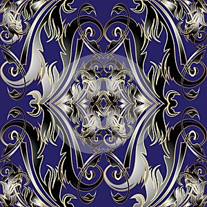 Luxury gold Baroque vector seamless pattern. Ornamental dark blue patterned background. Ornate repeat elegant backdrop. Vintage