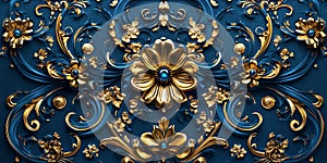Luxury Gold Blue Damask Pattern Elegant Background Texture