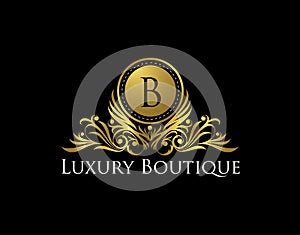 Luxury Gold Boutique Logo Vector Design. Premium Golden Bagde B Letter Icon photo