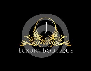 Luxury Gold Boutique Logo Vector Design. Premium Golden Bagde J Letter Icon photo