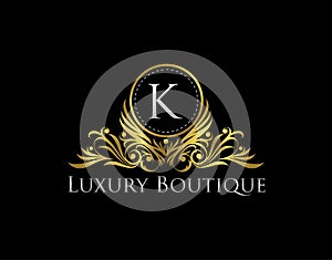 Luxury Gold Boutique Logo Vector Design. Premium Golden Bagde K Letter Icon photo