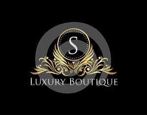 Luxury Gold Boutique Logo Vector Design. Premium Golden Bagde S Letter Icon