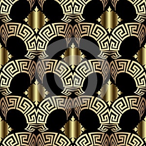Luxury gold curved greek key meanders 3d seamless pattern. Black ornamental ornate vector background with golden beautiful curves photo