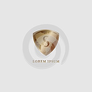Luxury gold decorative shield sign illustration. Letter S alphabet logo design template. Security, protection logo concept