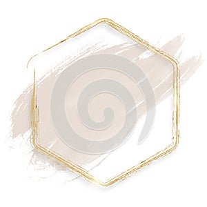 Luxury gold hexagon frame with beige watercolor brush stroke isolated on white background. Square composition template