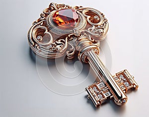 luxury gold key with diamonds, exquisite talisman  on neutral background