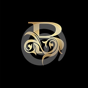 Luxury Gold Letter B Floral Leaf Logo Icon,  Classy Vintage vector design concept for emblem, wedding card invitation