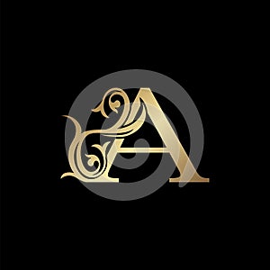 Luxury Gold Letter A Floral Leaf Logo Icon,  Classy Vintage vector design concept