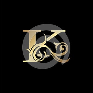 Luxury Gold Letter K Floral Leaf Logo Icon,  Classy Vintage vector design concept for emblem, wedding card invitation