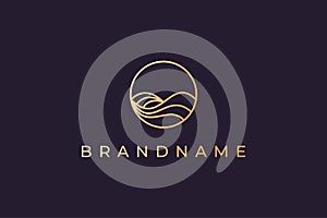 Luxury gold line logo design with simple and modern shape of sea water wave in a circle