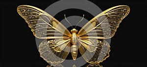 Luxury gold monarch butterfly, golden fantasy butterfly with diamonds on its wings isolated on black background, wide panoramic