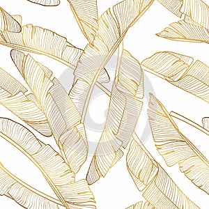 Luxury gold nature background. Floral seamless pattern, Golden split-leaf bananas palm, line arts illustration.