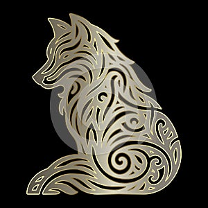 Luxury gold ornamental line art wolf pattern. Modern vector black background with patterned golden wolf. Intricate vintage