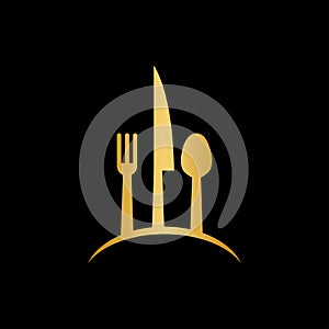 Luxury gold spoon, knife and fork logo icon design template