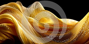 Luxury gold textile on dark background, yellow fabric waves pattern, generative AI