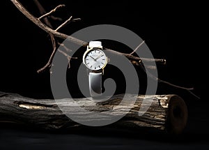 A luxury gold watch with a black dial. A watch on a beautiful stand, on a beautiful lightly lit gray background. Created