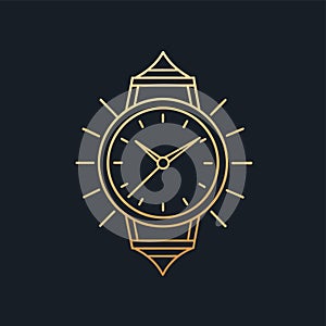 A luxury gold watch stands out against a sleek black background, Design a simple and elegant logo for a luxury watch boutique