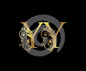 Luxury Gold Y and YY  Letter Floral logo. Vintage Swirl drawn emblem for weeding card, brand name, letter stamp, Restaurant,