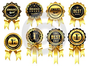 Luxury golden badges with ribbons. Award for best quality, first place medal. Premium design labels for business