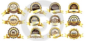 Luxury golden badges with tapes or ribbons. Reward for premium, super quality. Best choice, exclusive product