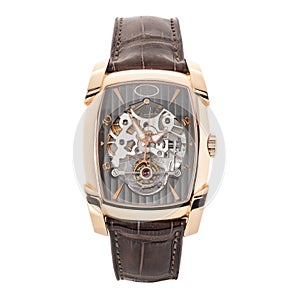 Luxury golden chronograph watch with a dark dial and with a brown leather strap