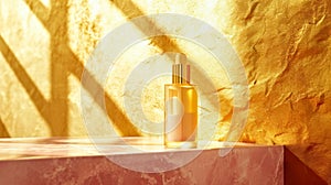 Luxury Golden Cosmetic Spray Bottle on Textured Yellow Background with shadows. Cosmetic bottle on stone podium. Presentanion of