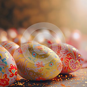 Luxury golden Easter eggs with cute patterns and decorations on a blurred gold background with blank space for text at the upper