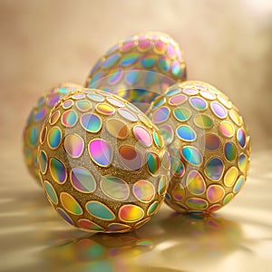 Luxury golden Easter eggs with holographic patterns a blurred gold background. Generated AI