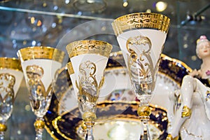 Luxury golden goblets on a showcase