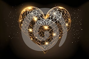 Luxury golden light shiny heart with floral and geometric ornament on brown background. Hearts with stars, sparkling,