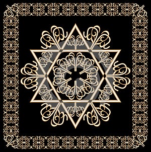 Luxury golden ornament with David star motif in filigree gold frame on black background. Jewish religious hexagram symbol named in