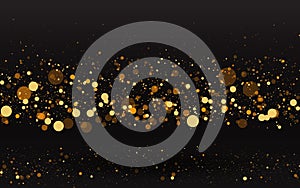 Luxury golden sparkle background, glitter magic glowing. Black and gold vector luminous dust with bokeh