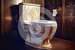 Luxury golden toilet in the interior of the room.