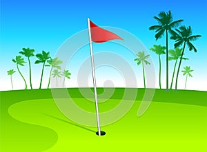 Luxury golf course with palm trees on blue sky bac